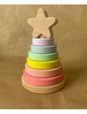 Ahşap Yıldızlı Kule Oyuncak Pembe Pastel Renk