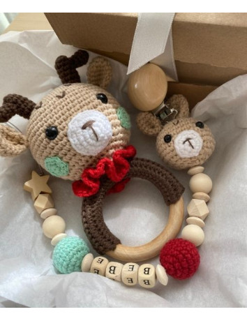 Bambi Bebek Hediye Seti | Amigurumi Emzik Zinciri & Diş Kaşıyıcı Kırmızı Bej