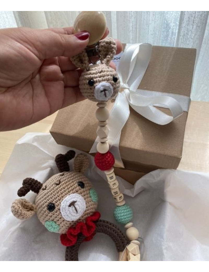 Bambi Bebek Hediye Seti | Amigurumi Emzik Zinciri & Diş Kaşıyıcı Kırmızı Bej