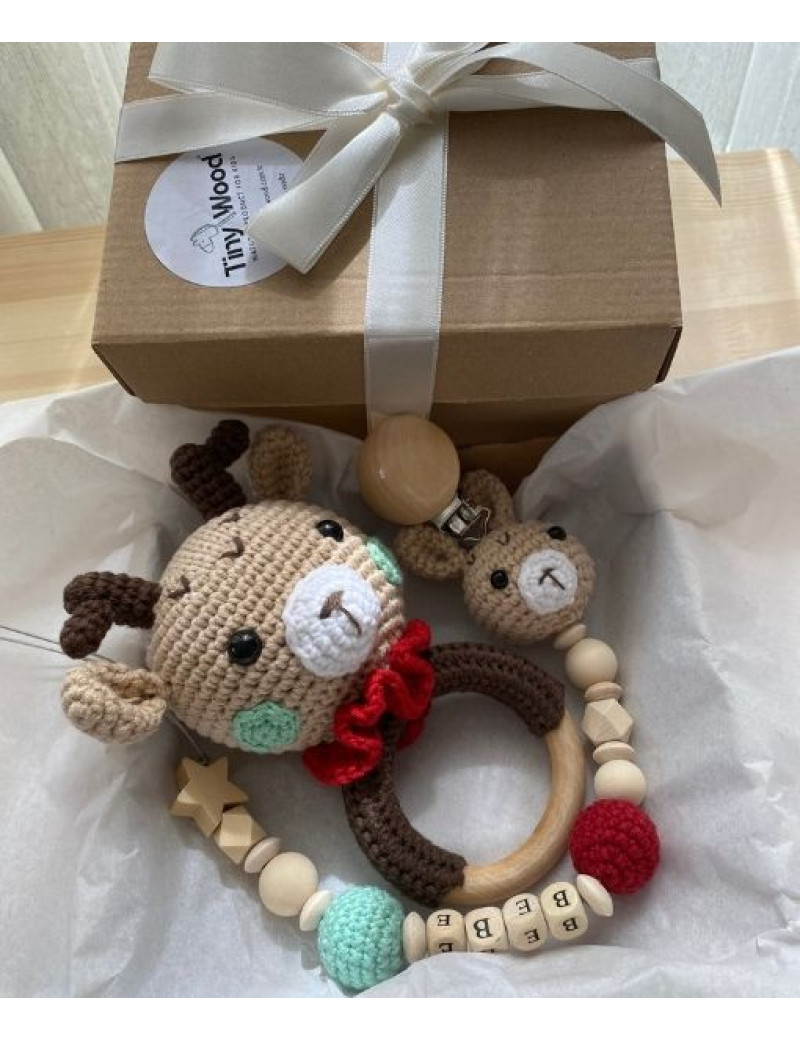 Bambi Bebek Hediye Seti | Amigurumi Emzik Zinciri & Diş Kaşıyıcı Kırmızı Bej