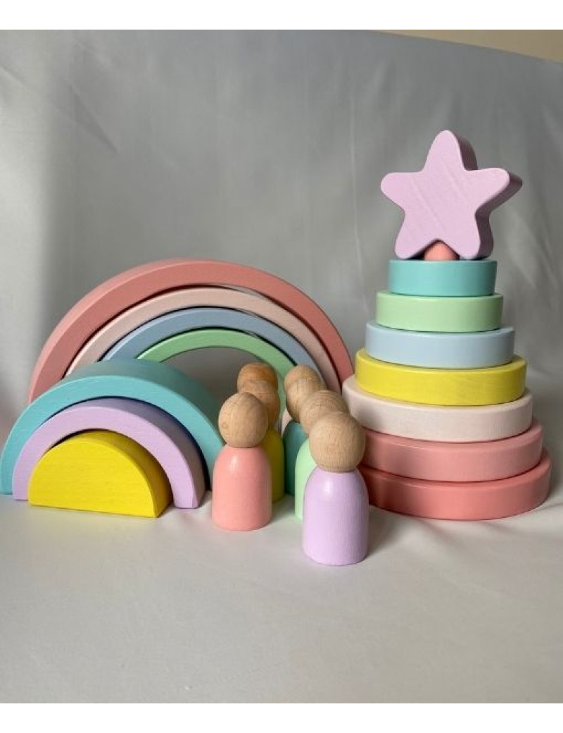  Waldorf 7 Parçalı Gökkuşağı 6 Lı Peg Bebek Tabla  ve Yoldız Hanoi Kule Seti Pastel Renk Eşleştirme Ahşap Oyuncak