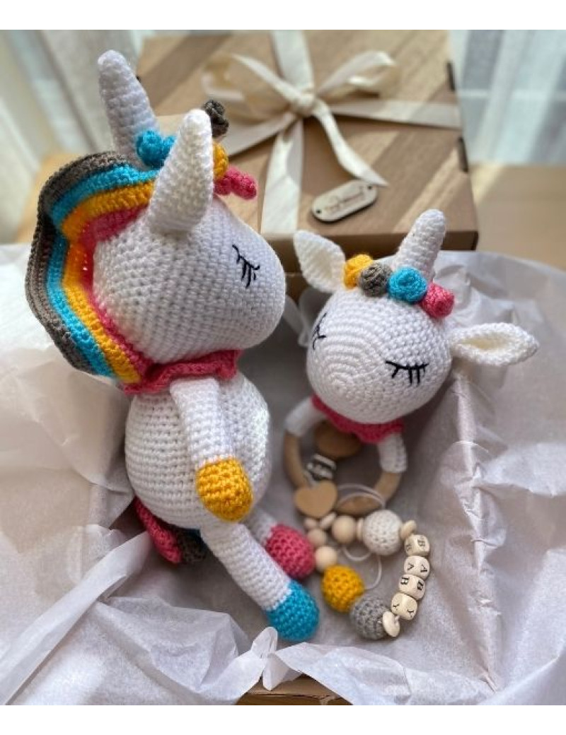 Organik Örgü Unicorn Bebek Hediye Seti | Emzik Zinciri & Çıngırak | Tiny Wood
