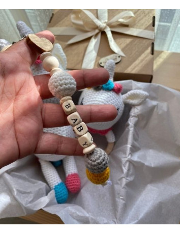 Organik Örgü Unicorn Bebek Hediye Seti | Emzik Zinciri & Çıngırak | Tiny Wood