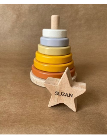 İsme Özel Ahşap Renkli Yıldız Kule | Montessori Eğitici Ahşap Denge Oyuncağı | Tiny Wood Kahve Pastel