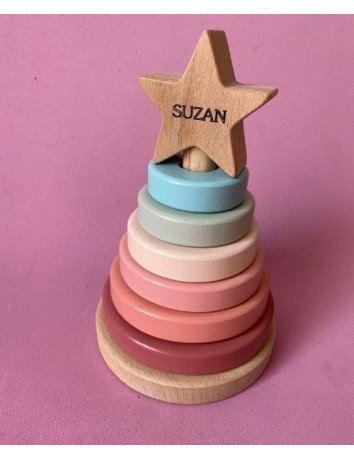 İsme Özel Ahşap Renkli Yıldız Kule | Montessori Eğitici Ahşap Denge Oyuncağı | Tiny Wood Pastel Pembe