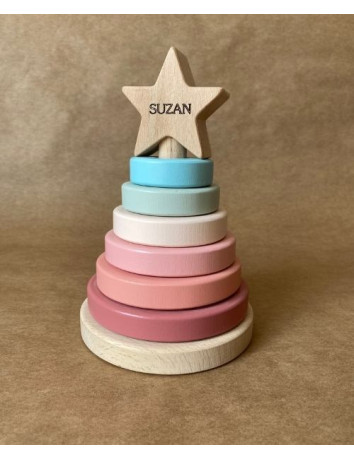 İsme Özel Ahşap Renkli Yıldız Kule | Montessori Eğitici Ahşap Denge Oyuncağı | Tiny Wood Pastel Pembe