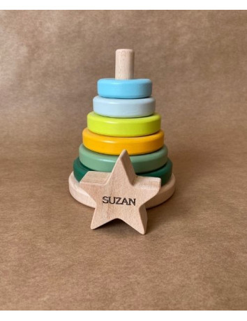 İsme Özel Ahşap Renkli Yıldız Kule | Montessori Eğitici Ahşap Denge Oyuncağı | Tiny Wood Yeşil Haki