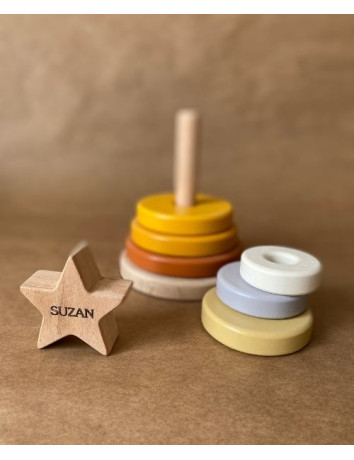 İsme Özel Ahşap Renkli Yıldız Kule | Montessori Eğitici Ahşap Denge Oyuncağı | Tiny Wood Kahve Pastel