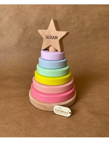 İsme Özel Ahşap Renkli Yıldız Kule | Montessori Eğitici Ahşap Denge Oyuncağı | Tiny Wood Pembe