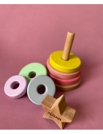 İsme Özel Ahşap Renkli Yıldız Kule | Montessori Eğitici Ahşap Denge Oyuncağı | Tiny Wood Pembe