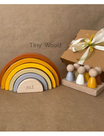 İsme Özel Waldorf 6 Parçalı Gökkuşağı ve 6’lı Peg Bebek Tabla Seti – Pastel Renk Eşleştirme Ahşap Oyuncak Kahve Pastel