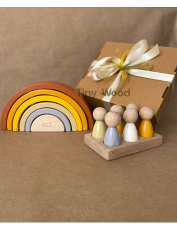 İsme Özel Waldorf 6 Parçalı Gökkuşağı ve 6’lı Peg Bebek Tabla Seti – Pastel Renk Eşleştirme Ahşap Oyuncak Kahve Pastel