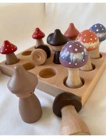 Ahşap Mantar Toplama Montessori Oyuncağı | 12 Parça Doğal Ahşap Set