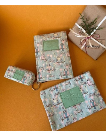 Baykuş Desenli Deri Kaplı Defter Seti 3'lü | 14x20 cm Çizgili Defter, Bozuk Para Cüzdanı, Makyaj Çantası