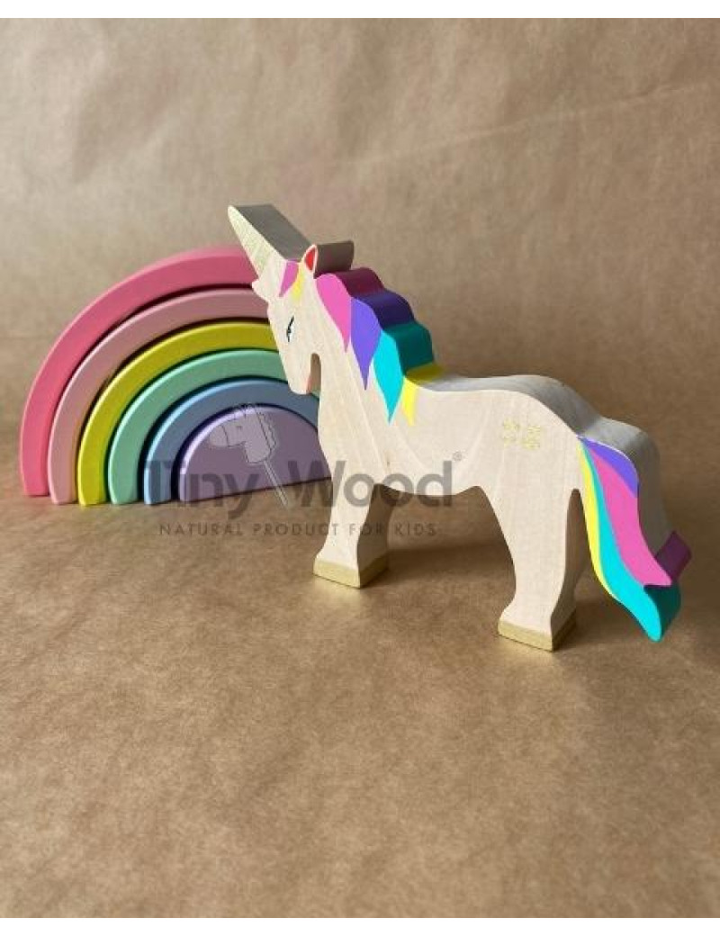 Ahşap Waldorf Unicorn Gökkuşağı Değnek Oyuncak Seti Masal Oyuncakları 