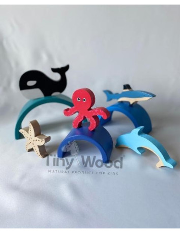 Ahşap Deniz Hayvanları Seti 5li / Deniz Canlıları Figürlü Ahşap Oyuncaklar