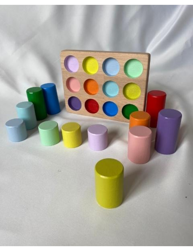 Montessori Renk Eşleştirme Tablalı Silindir Seti Doğal Ahşap Renk Eşleştirme Oyuncak