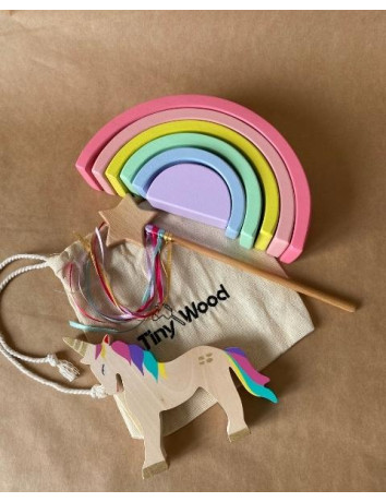 Ahşap Waldorf Unicorn Gökkuşağı Değnek Oyuncak Seti Masal Oyuncakları 
