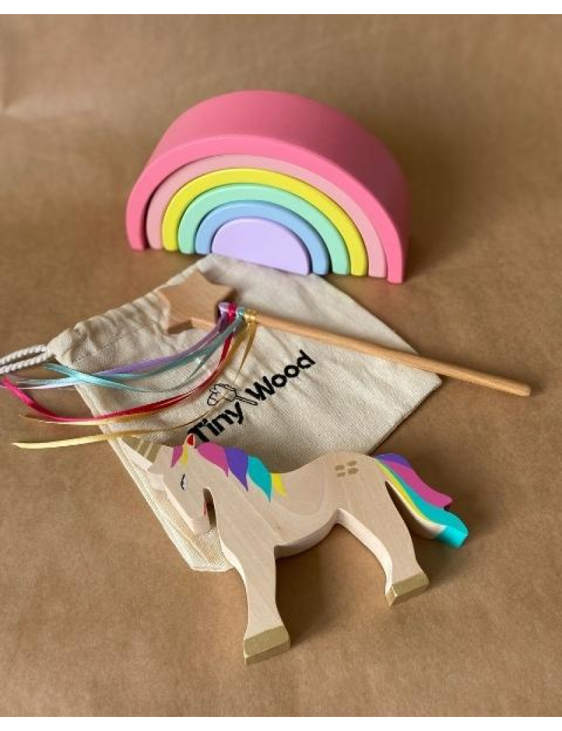 Ahşap Waldorf Unicorn Gökkuşağı Değnek Oyuncak Seti Masal Oyuncakları 