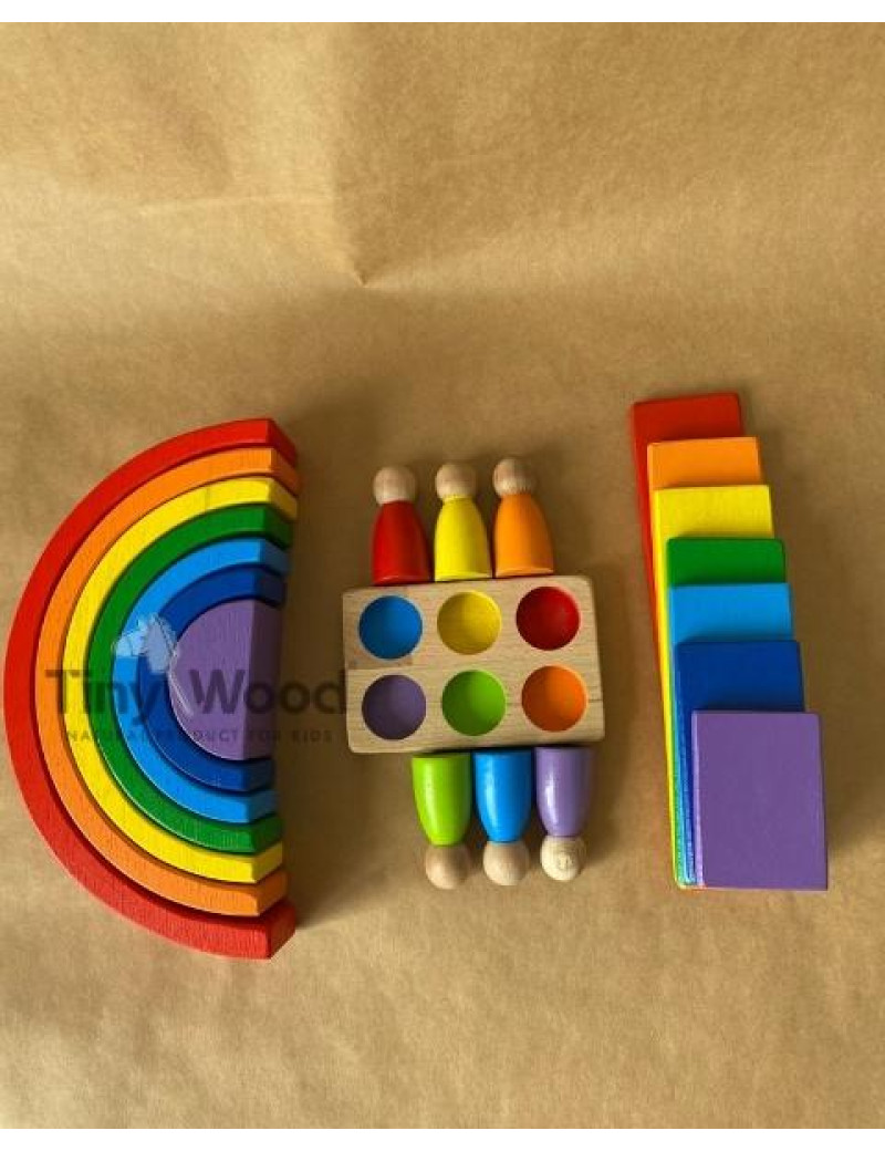 7 Li Waldorf Gökkuşağı, Dikdörtgen Düz Tabla Seti Ve 6 Lı Insan Figürleri Oyun Seti Ahşap Oyuncak