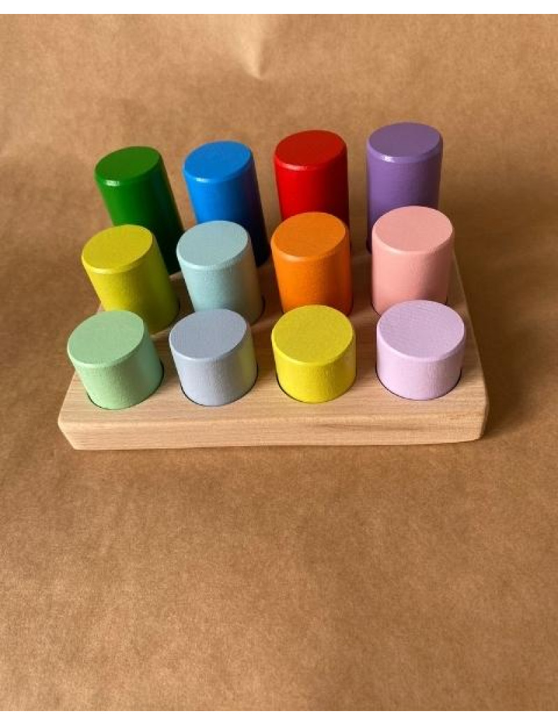 Montessori Renk Eşleştirme Tablalı Silindir Seti Doğal Ahşap Renk Eşleştirme Oyuncak